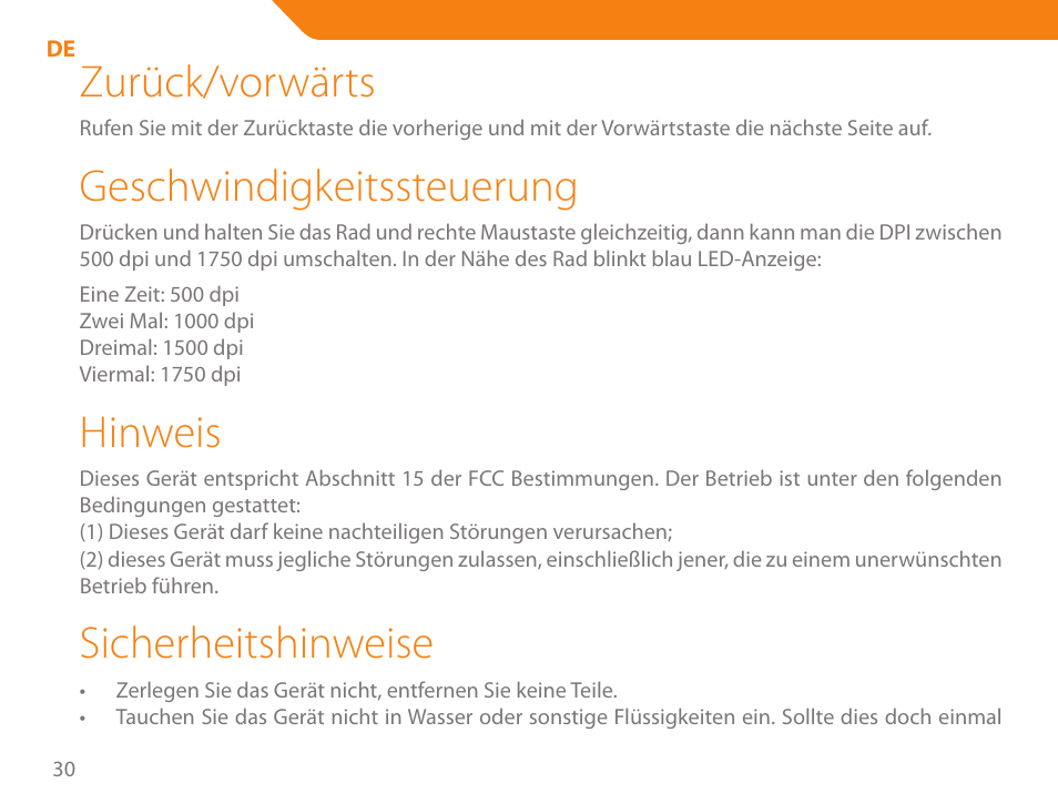 Zurück/vorwärts, Geschwindigkeitssteuerung, Hinweis | Sicherheitshinweise | Acme MB01 User Manual | Page 30 / 70