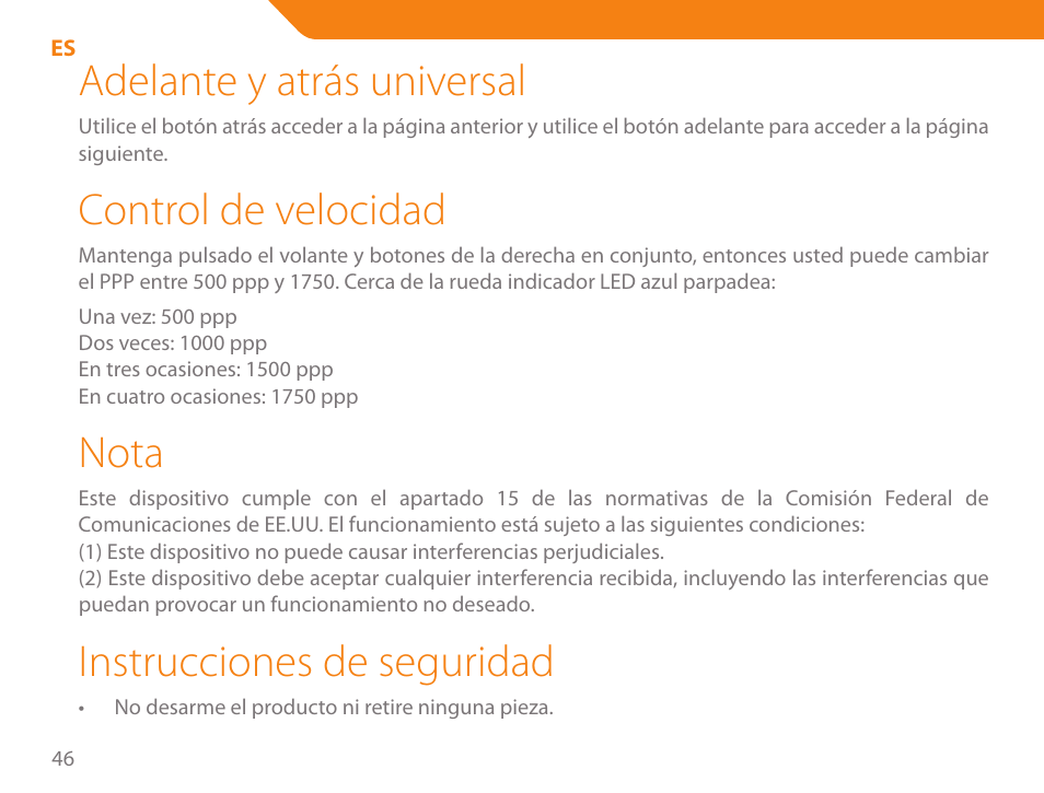 Adelante y atrás universal, Control de velocidad, Nota | Instrucciones de seguridad | Acme MB01 User Manual | Page 46 / 70