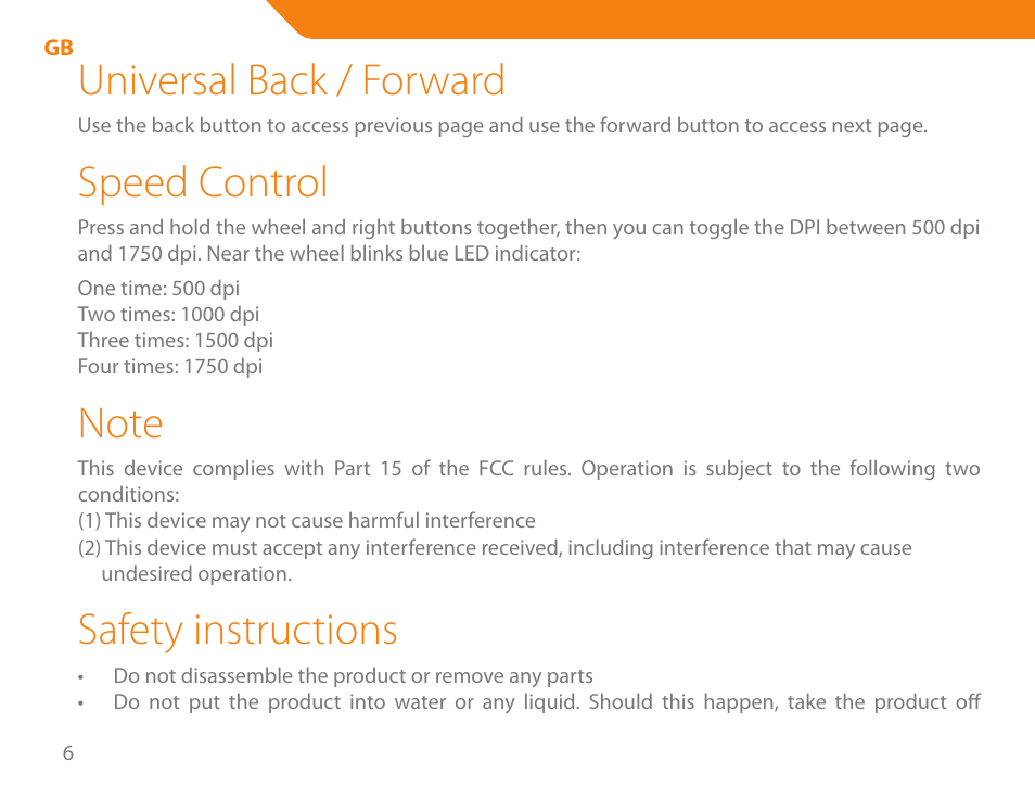 Universal back / forward, Speed control, Safety instructions | Acme MB01 User Manual | Page 6 / 70