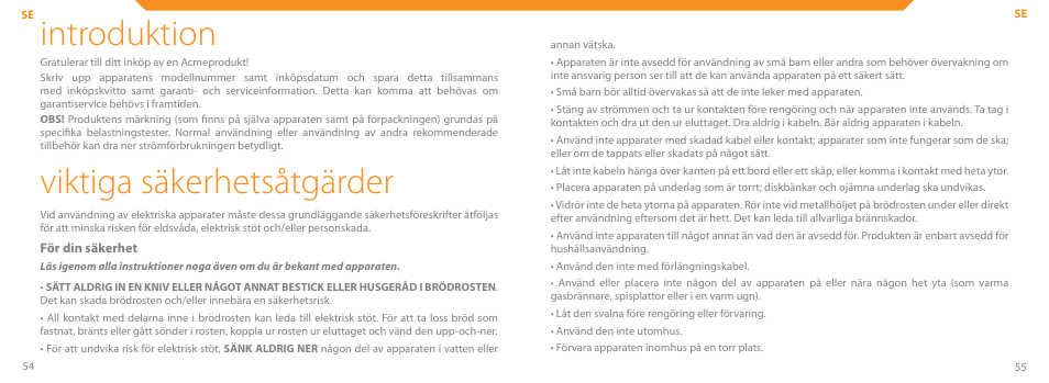 Introduktion, Viktiga säkerhetsåtgärder | Acme TE-200 User Manual | Page 28 / 46