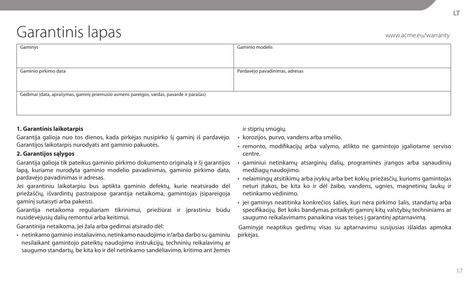 Garantinis lapas | Acme MT103 User Manual | Page 17 / 30