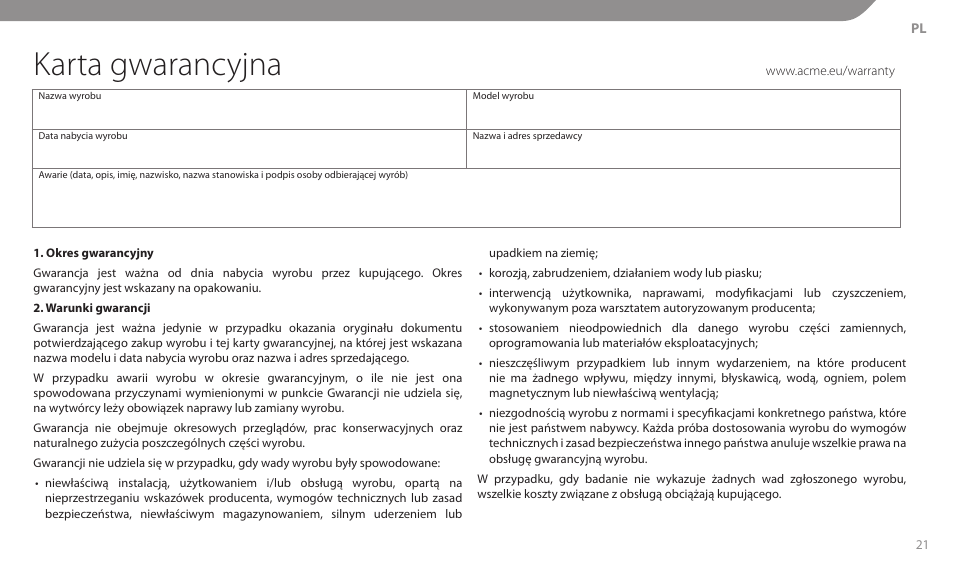 Karta gwarancyjna | Acme MT103 User Manual | Page 21 / 30