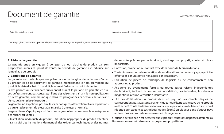 Document de garantie | Acme MT103 User Manual | Page 27 / 30