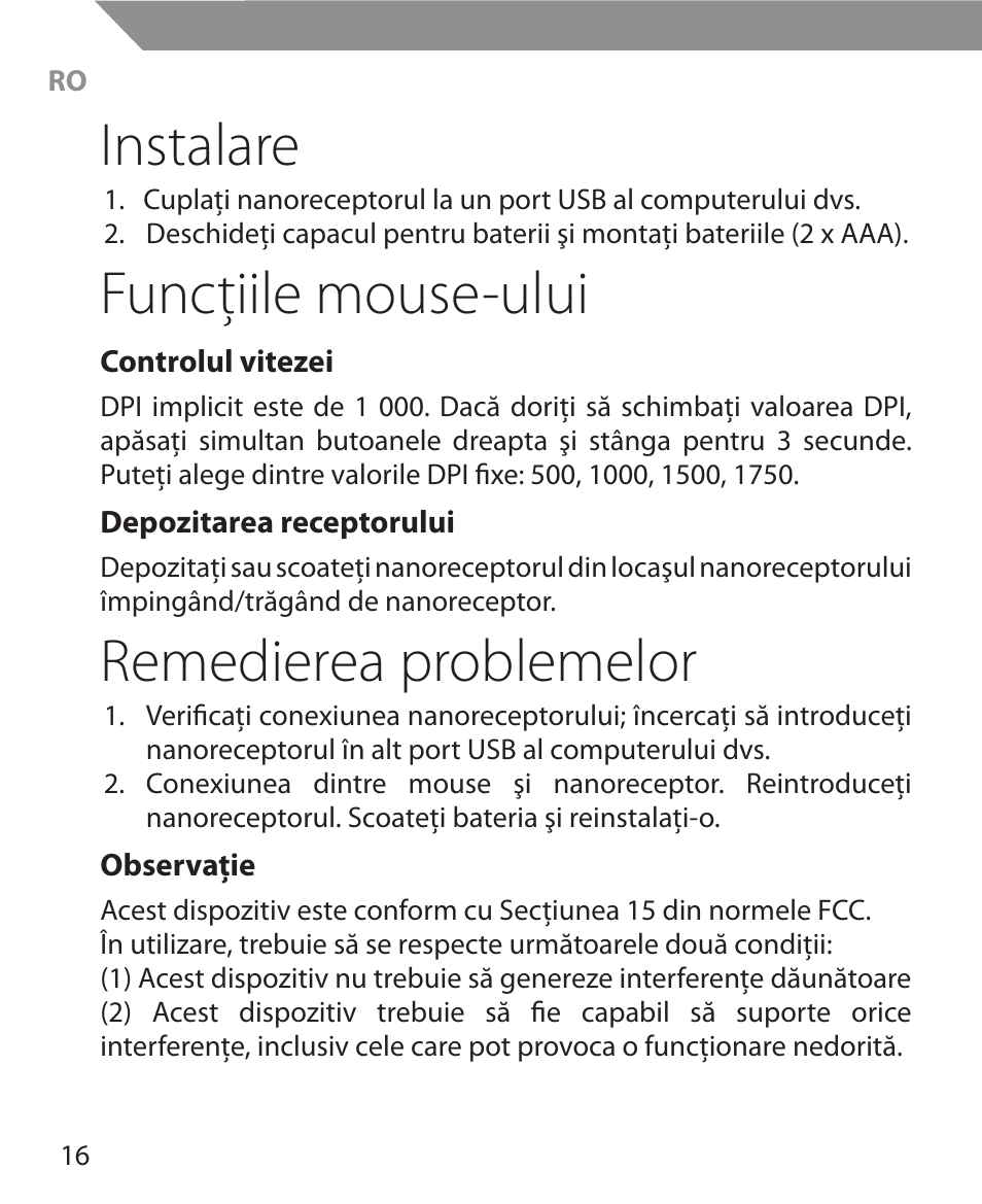 Instalare, Funcţiile mouse-ului, Remedierea problemelor | Acme MW11 User Manual | Page 16 / 44