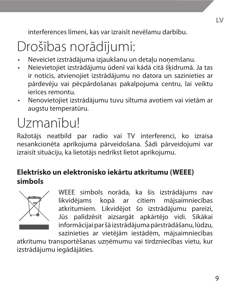 Drošības norādījumi, Uzmanību | Acme MW11 User Manual | Page 9 / 44