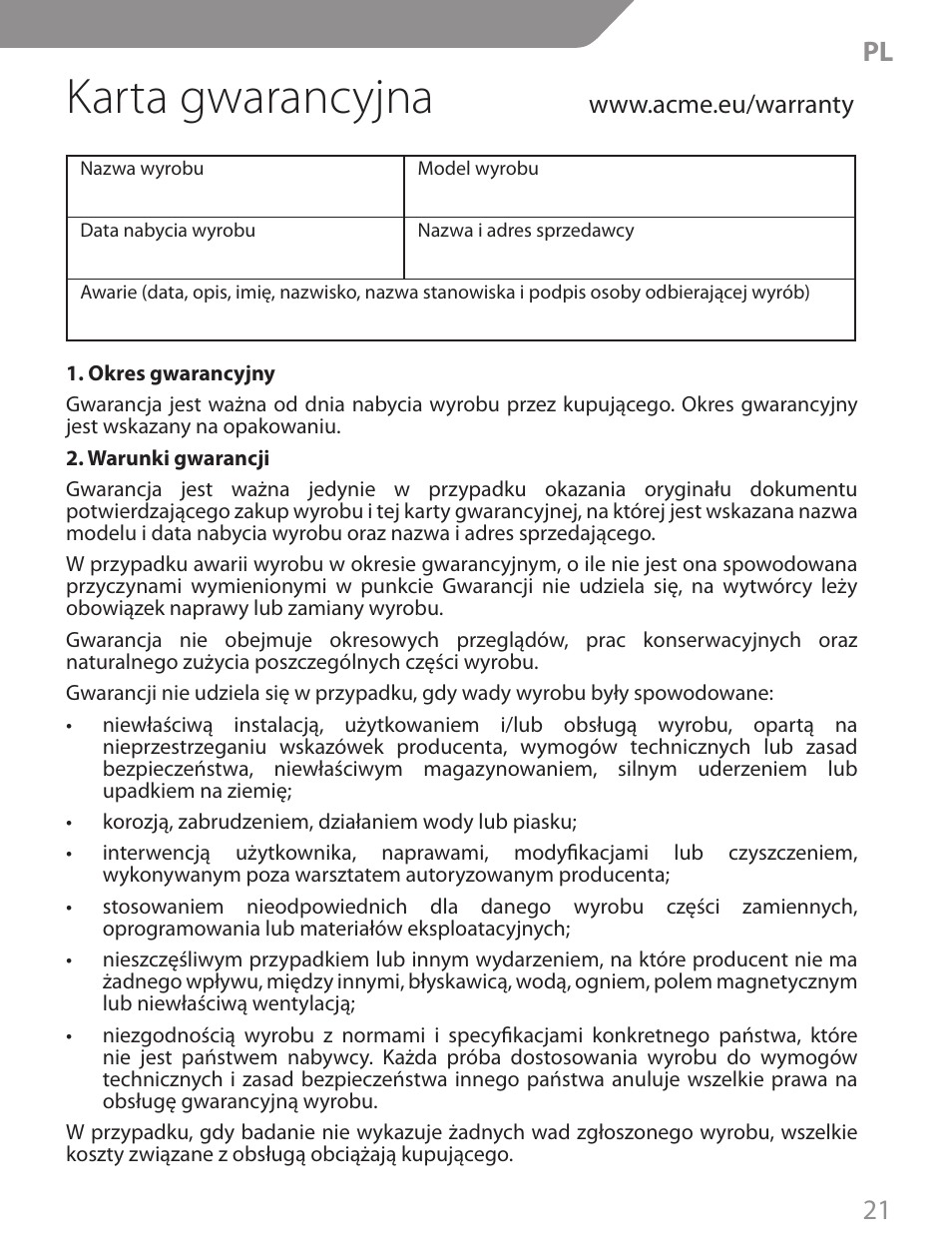 Karta gwarancyjna, 21 pl | Acme CA04 User Manual | Page 21 / 30