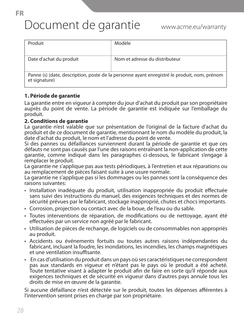 Document de garantie | Acme CA04 User Manual | Page 28 / 30