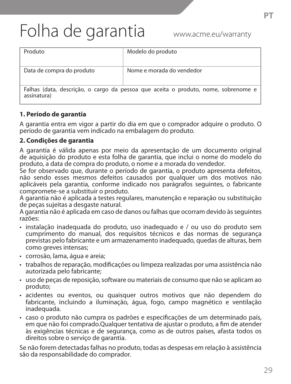 Folha de garantia, 29 pt | Acme CA04 User Manual | Page 29 / 30