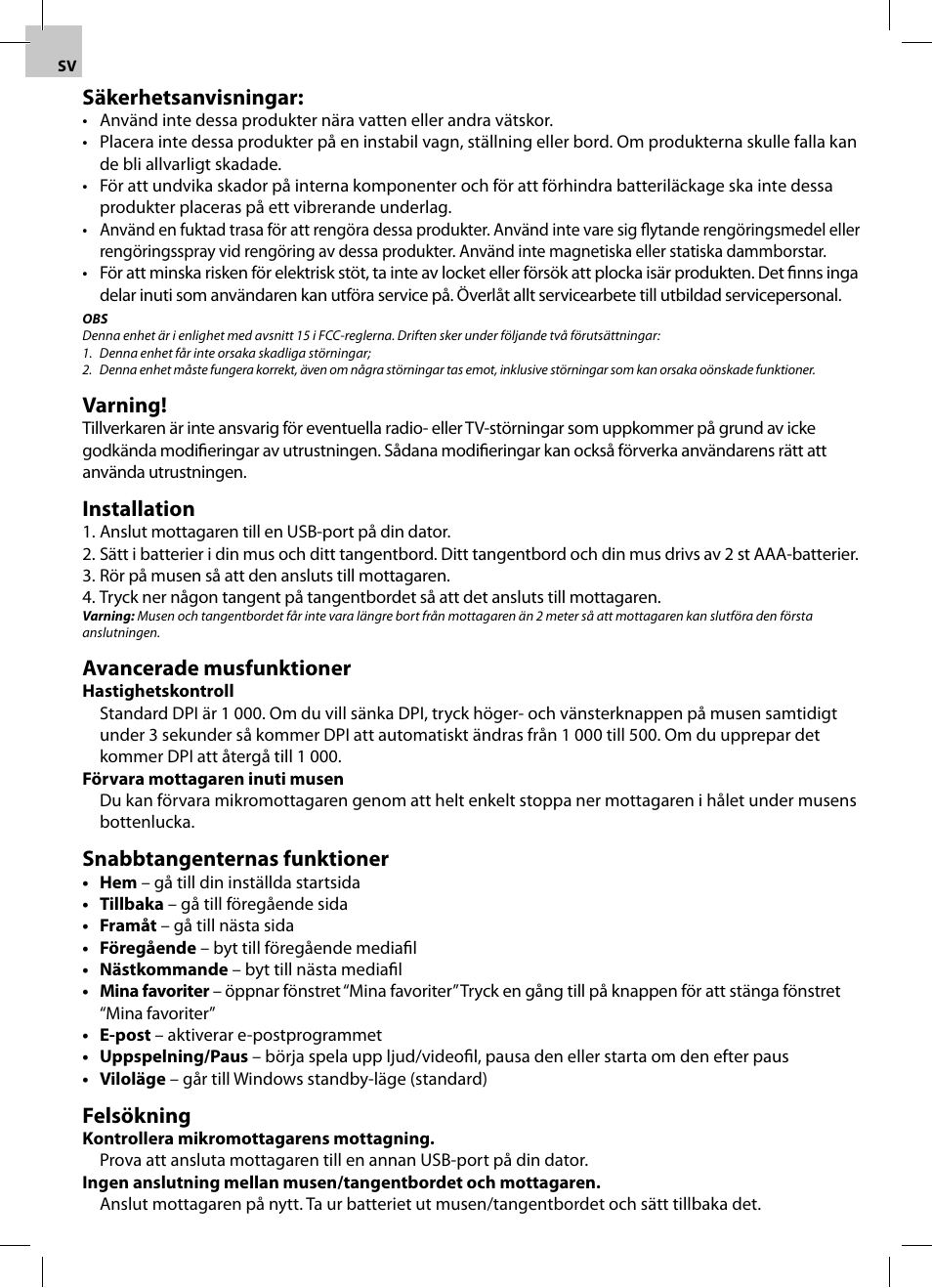 Säkerhetsanvisningar, Varning, Installation | Avancerade musfunktioner, Snabbtangenternas funktioner, Felsökning | Acme WS02 User Manual | Page 10 / 12