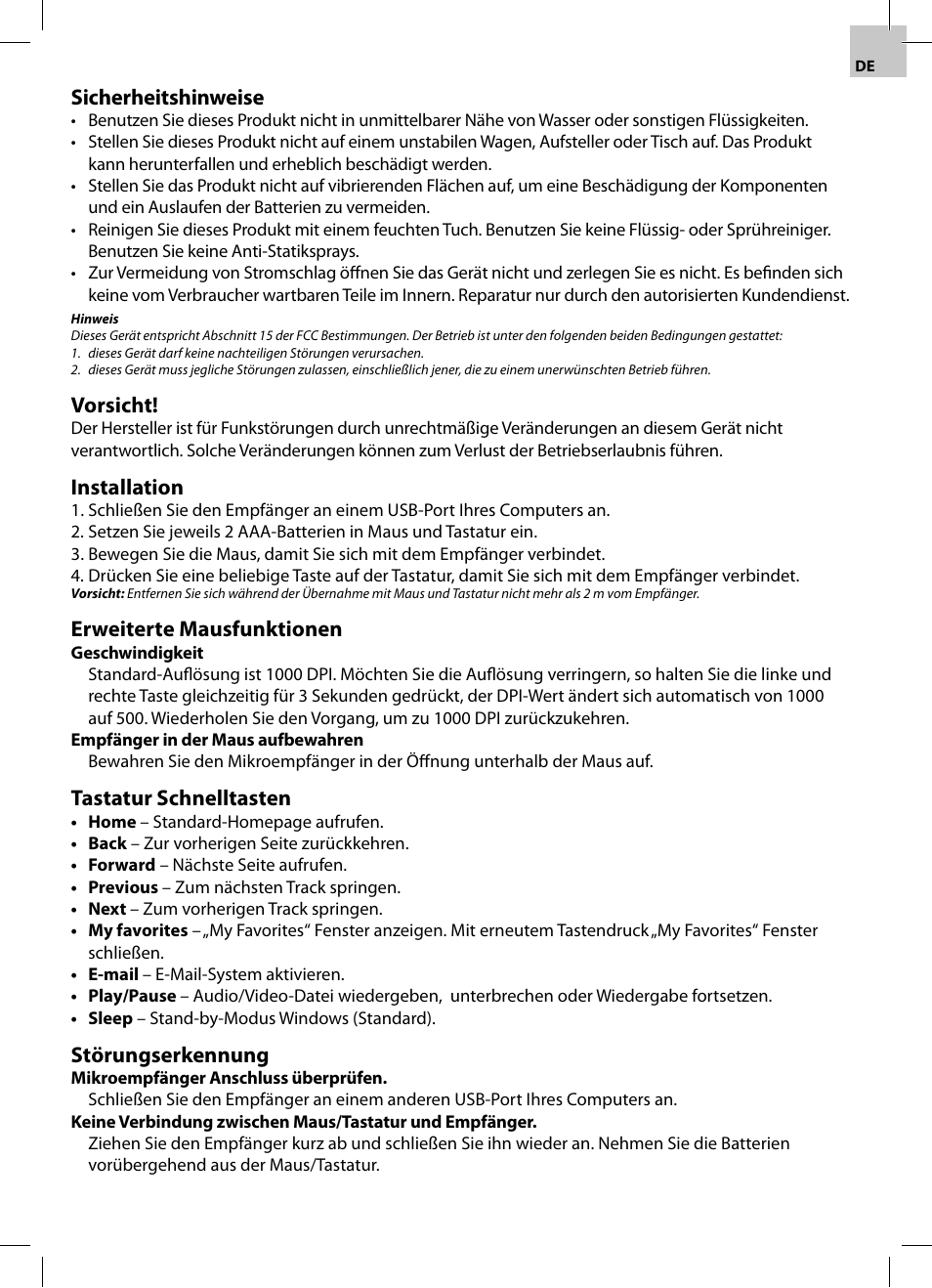 Sicherheitshinweise, Vorsicht, Installation | Erweiterte mausfunktionen, Tastatur schnelltasten, Störungserkennung | Acme WS02 User Manual | Page 11 / 12