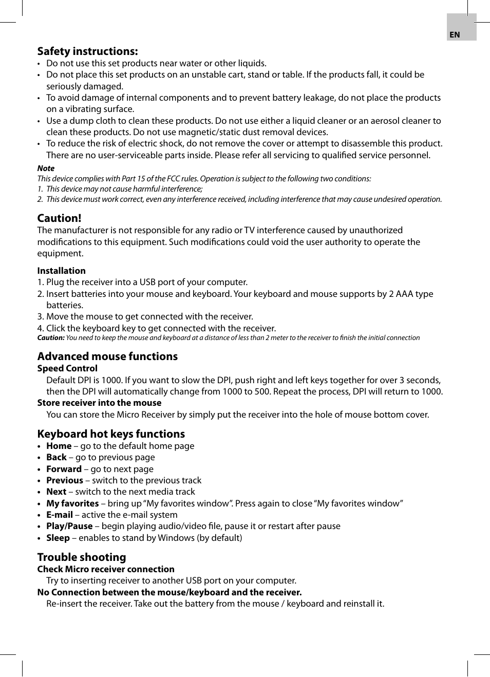 Safety instructions, Caution, Advanced mouse functions | Keyboard hot keys functions, Trouble shooting | Acme WS02 User Manual | Page 3 / 12