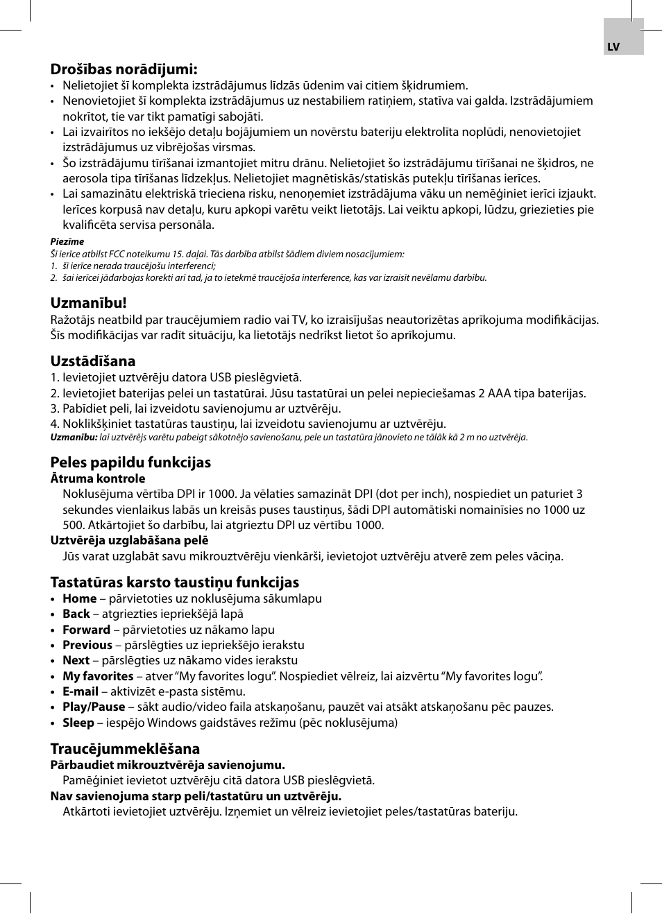 Drošības norādījumi, Uzmanību, Uzstādīšana | Peles papildu funkcijas, Tastatūras karsto taustiņu funkcijas, Traucējummeklēšana | Acme WS02 User Manual | Page 5 / 12