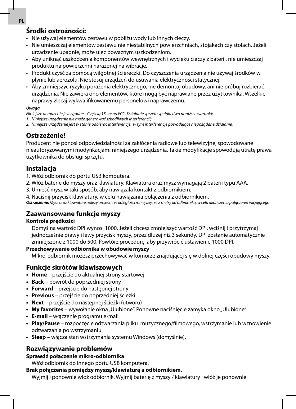 Środki ostrożności, Ostrzeżenie, Instalacja | Zaawansowane funkcje myszy, Funkcje skrótów klawiszowych, Rozwiązywanie problemów | Acme WS02 User Manual | Page 8 / 12