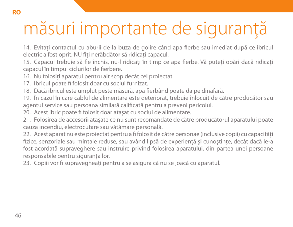 Măsuri importante de siguranţă | Acme KB-100 User Manual | Page 46 / 76