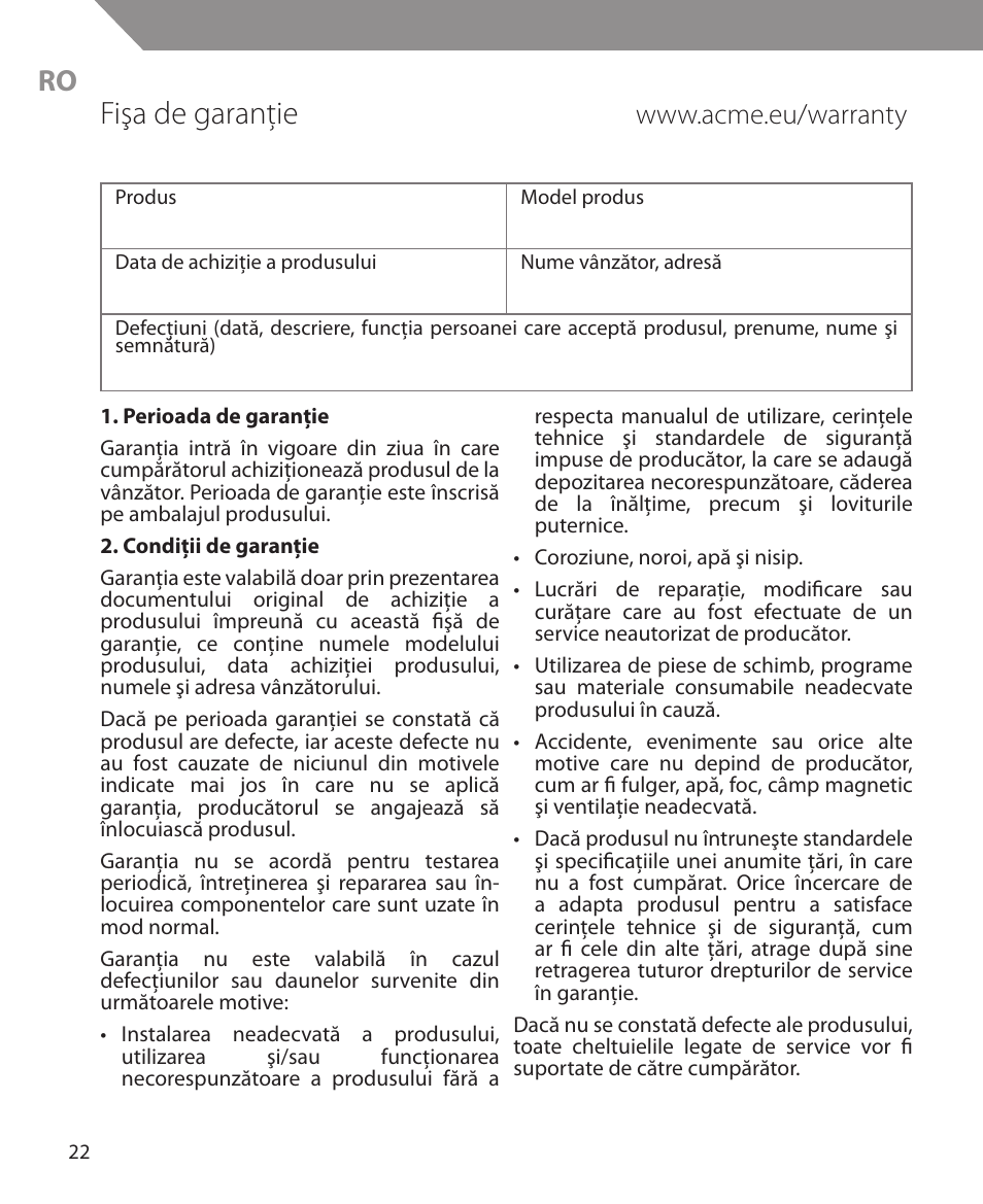 Fişa de garanţie | Acme MW10 User Manual | Page 22 / 28