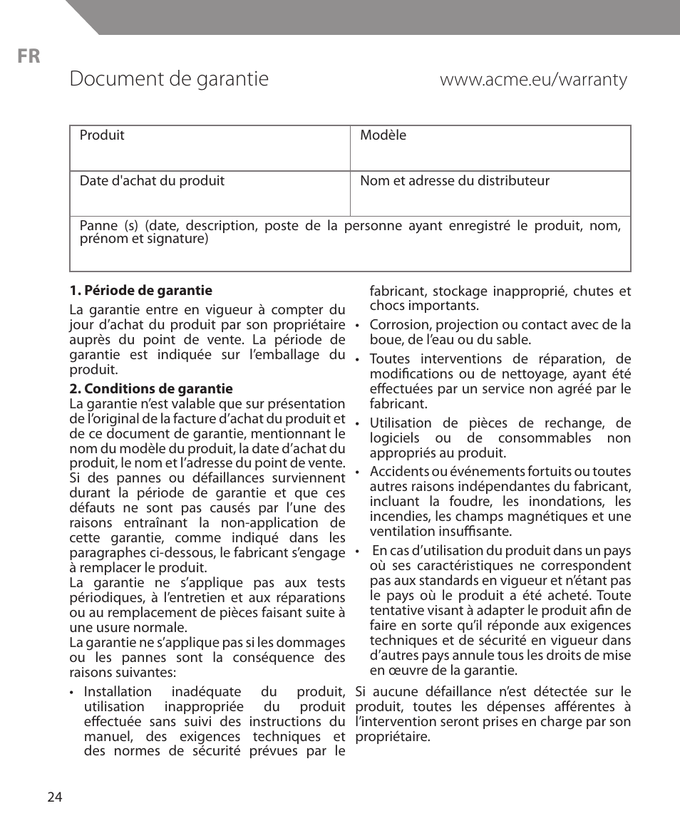 Document de garantie | Acme MW10 User Manual | Page 24 / 28