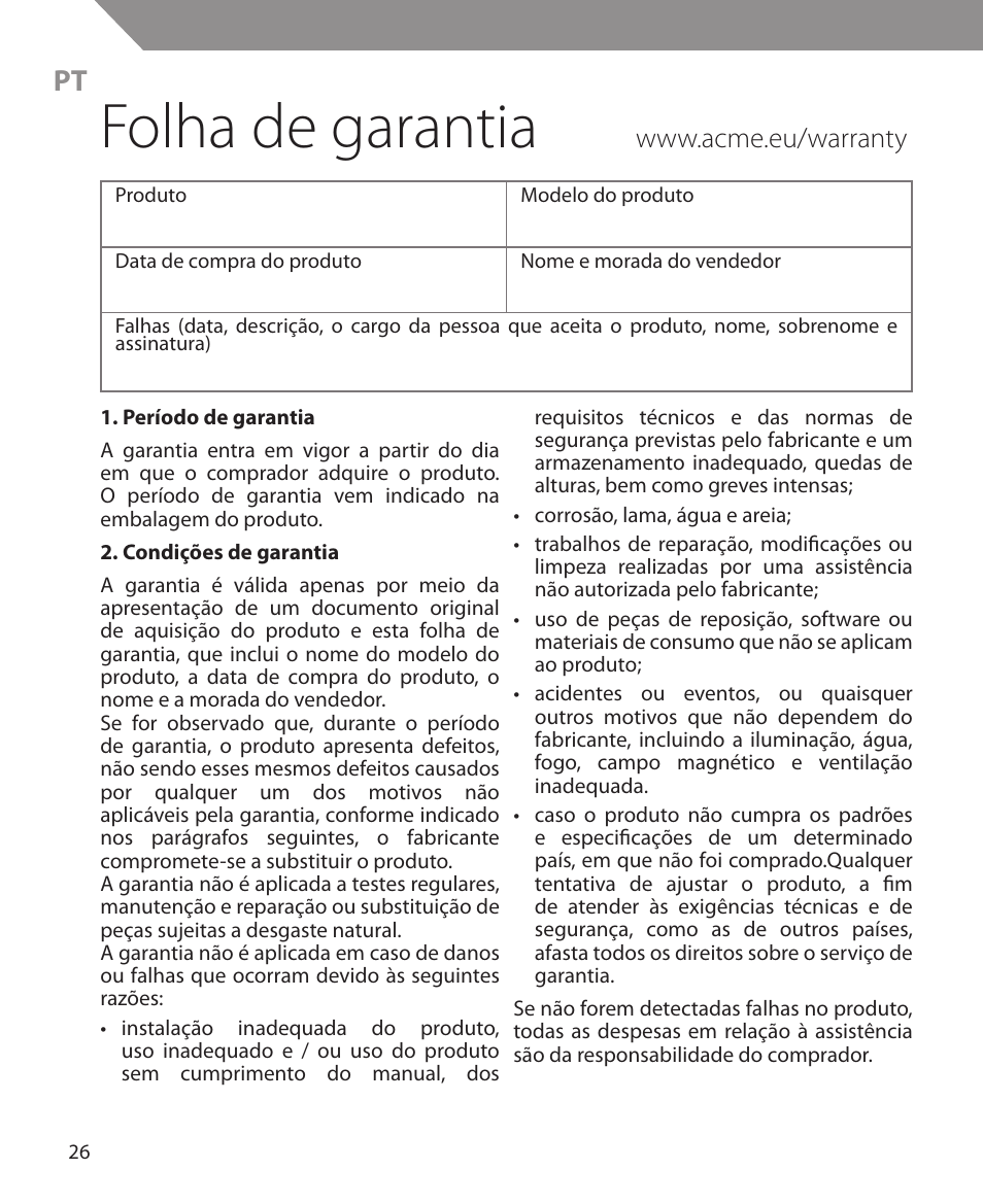 Folha de garantia | Acme MW10 User Manual | Page 26 / 28