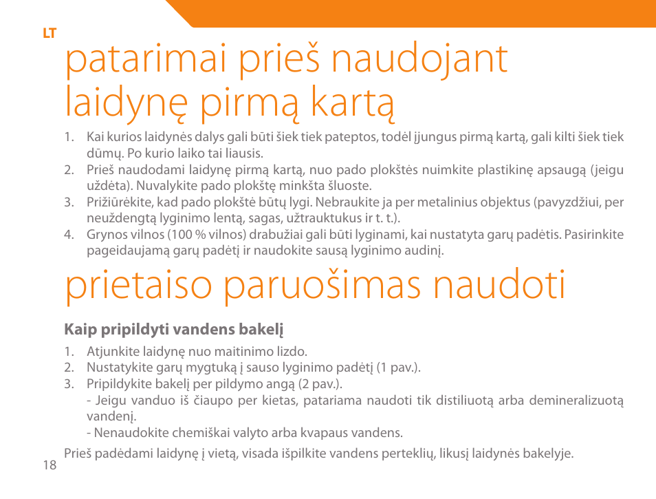 Patarimai prieš naudojant laidynę pirmą kartą, Prietaiso paruošimas naudoti | Acme IB-100 User Manual | Page 18 / 126