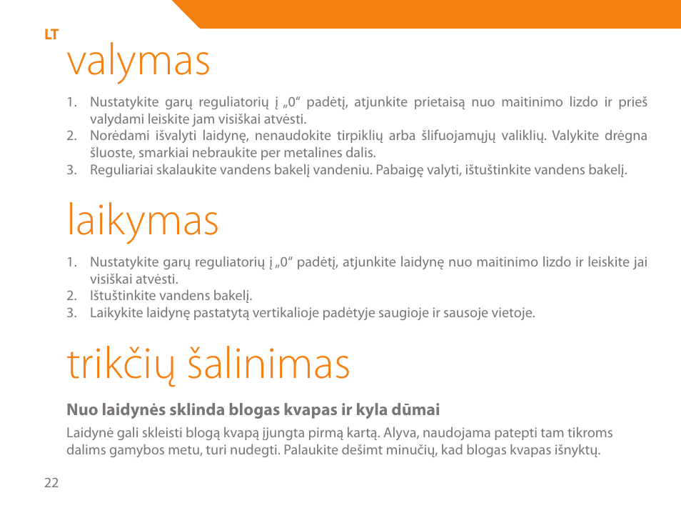 Valymas, Laikymas, Trikčių šalinimas | Acme IB-100 User Manual | Page 22 / 126