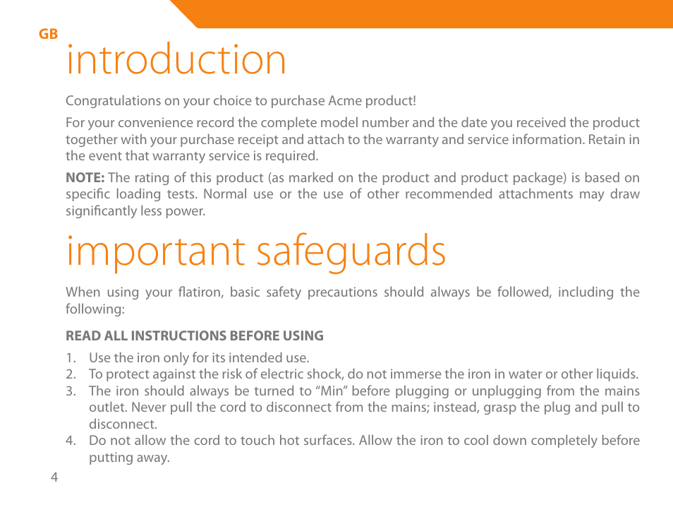 Introduction, Important safeguards | Acme IB-100 User Manual | Page 4 / 126