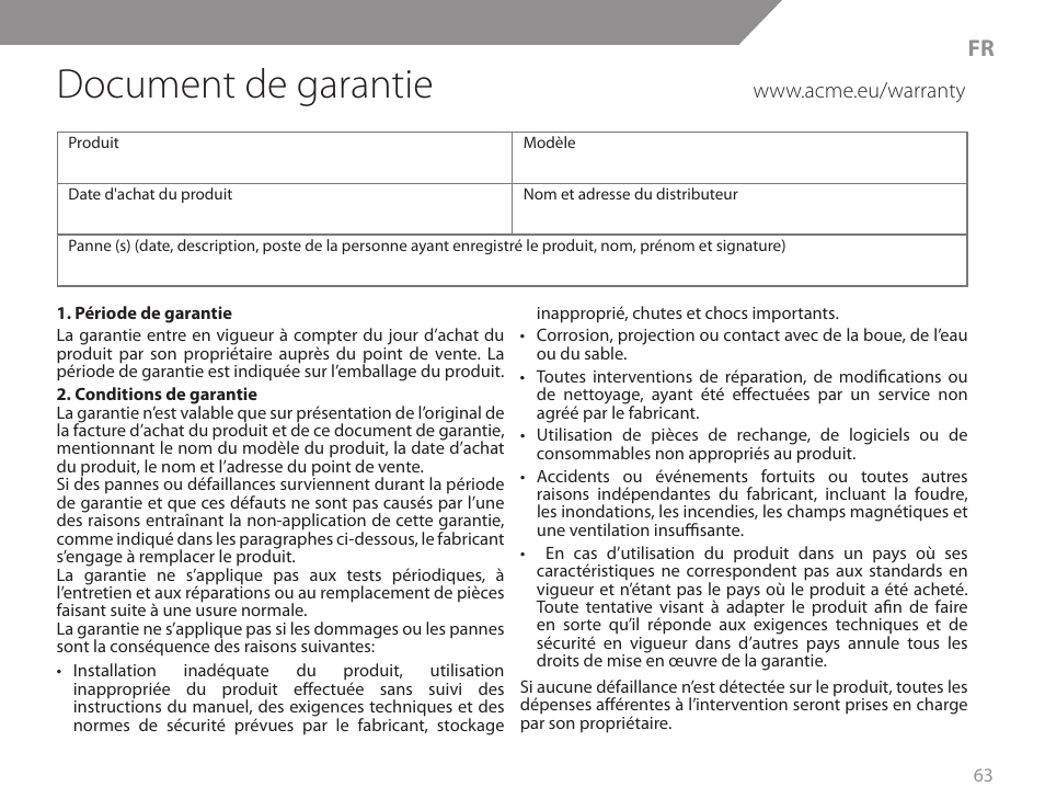Document de garantie | Acme KB200 User Manual | Page 63 / 66
