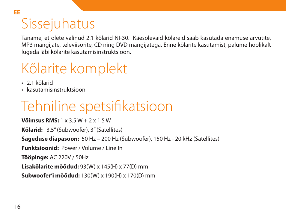 Sissejuhatus, Kõlarite komplekt, Tehniline spetsifikatsioon | Acme NI-30 User Manual | Page 16 / 64