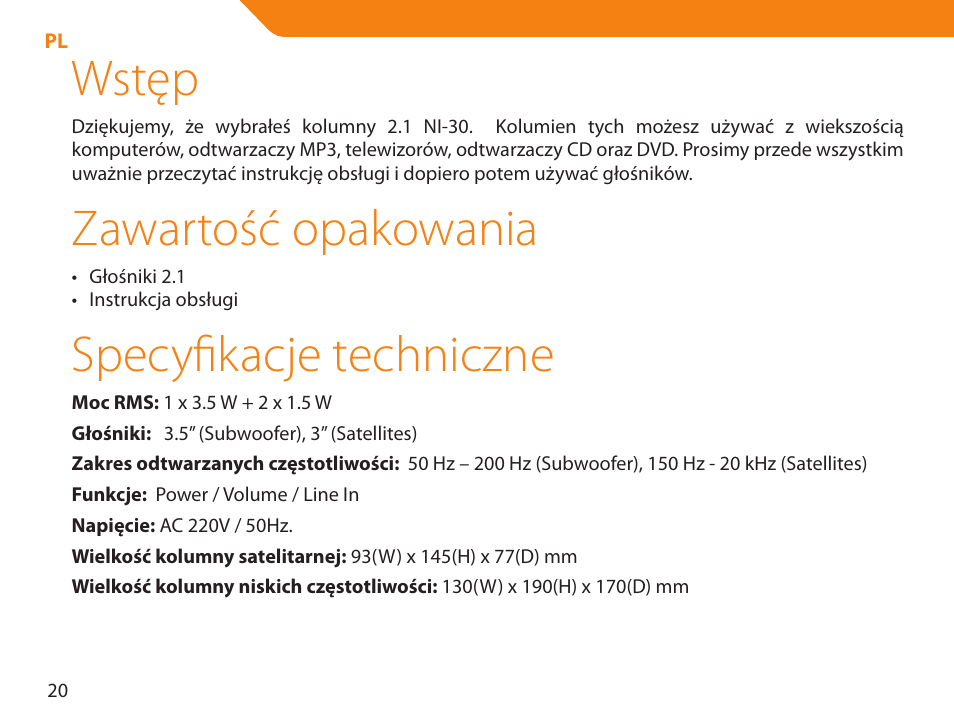Wstęp, Zawartość opakowania, Specyfikacje techniczne | Acme NI-30 User Manual | Page 20 / 64