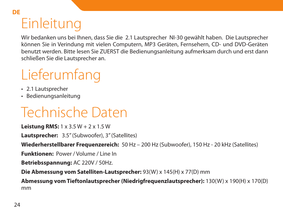 Einleitung, Lieferumfang, Technische daten | Acme NI-30 User Manual | Page 24 / 64