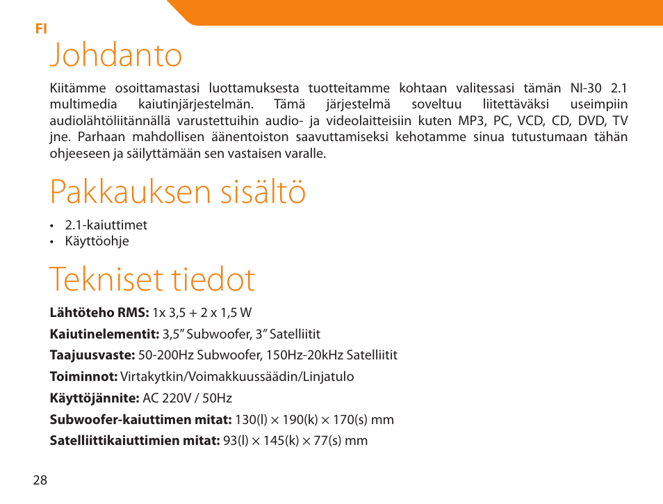 Johdanto, Pakkauksen sisältö, Tekniset tiedot | Acme NI-30 User Manual | Page 28 / 64