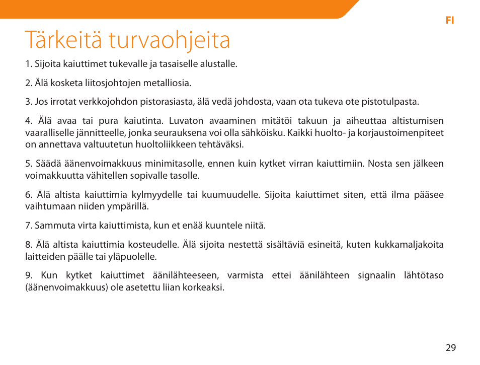 Tärkeitä turvaohjeita | Acme NI-30 User Manual | Page 29 / 64