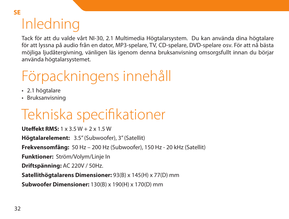 Inledning, Förpackningens innehåll, Tekniska specifikationer | Acme NI-30 User Manual | Page 32 / 64