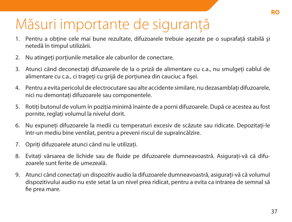 Măsuri importante de siguranţă | Acme NI-30 User Manual | Page 37 / 64