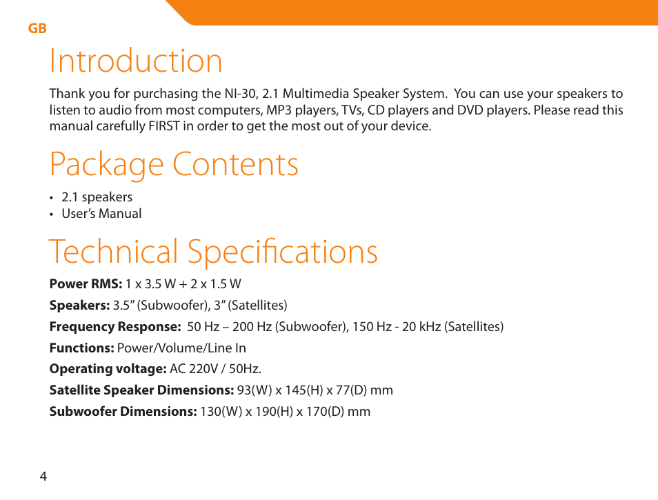 Introduction, Package contents, Technical specifications | Acme NI-30 User Manual | Page 4 / 64