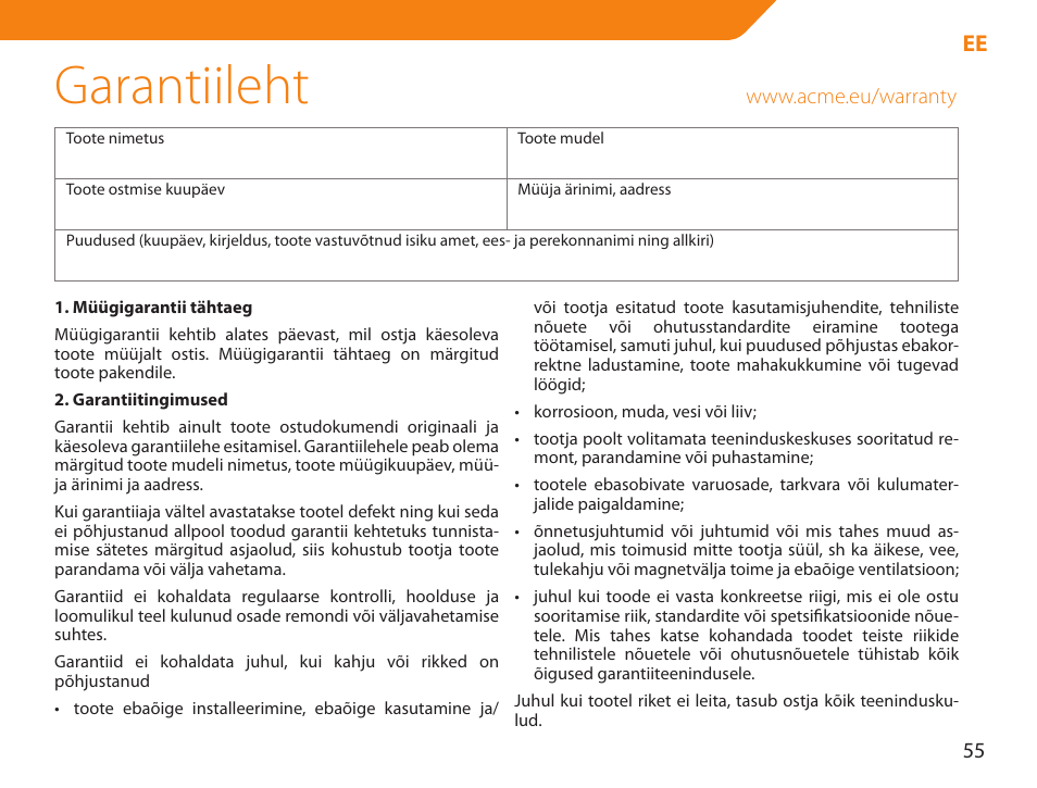 Garantiileht | Acme NI-30 User Manual | Page 55 / 64