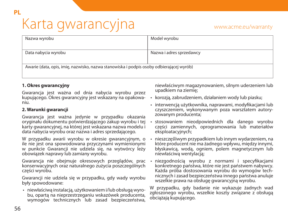Karta gwarancyjna | Acme NI-30 User Manual | Page 56 / 64