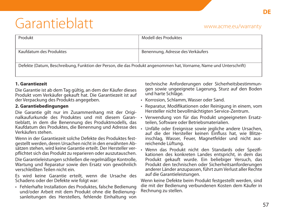 Garantieblatt | Acme NI-30 User Manual | Page 57 / 64