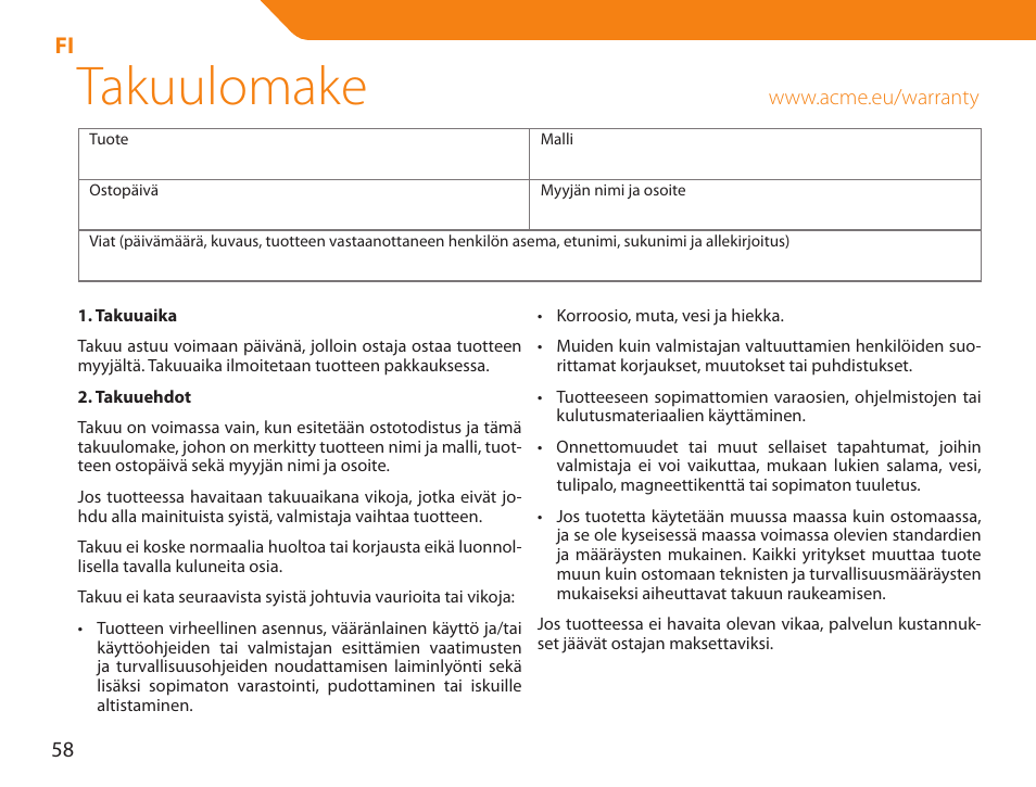 Takuulomake | Acme NI-30 User Manual | Page 58 / 64