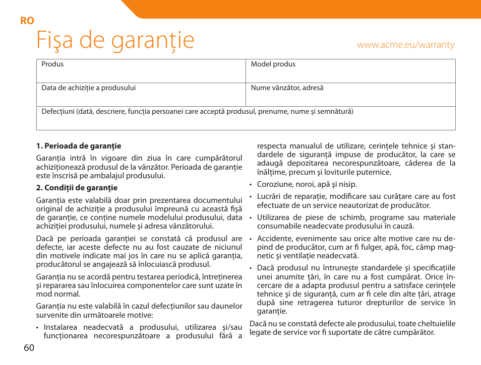 Fişa de garanţie | Acme NI-30 User Manual | Page 60 / 64
