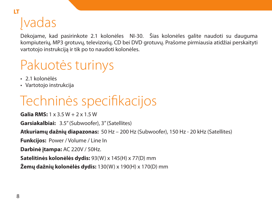Įvadas, Pakuotės turinys, Techninės specifikacijos | Acme NI-30 User Manual | Page 8 / 64