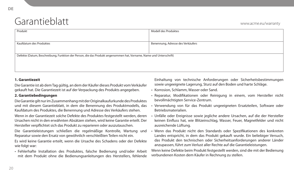 Garantieblatt | Acme MT101 User Manual | Page 20 / 28