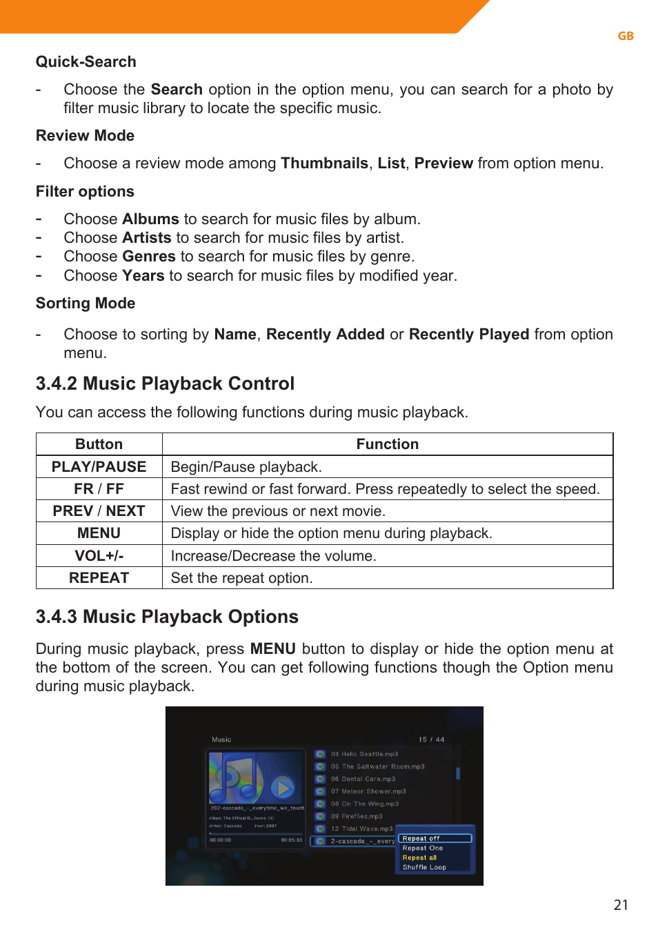 2 music playback control, 3 music playback options | Acme MP01 User Manual | Page 21 / 94