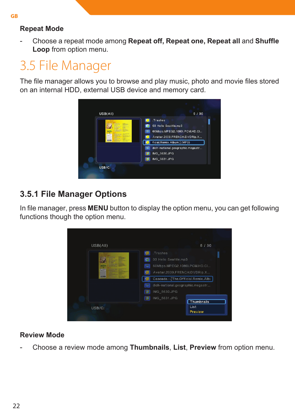 5 file manager, 1 file manager options | Acme MP01 User Manual | Page 22 / 94