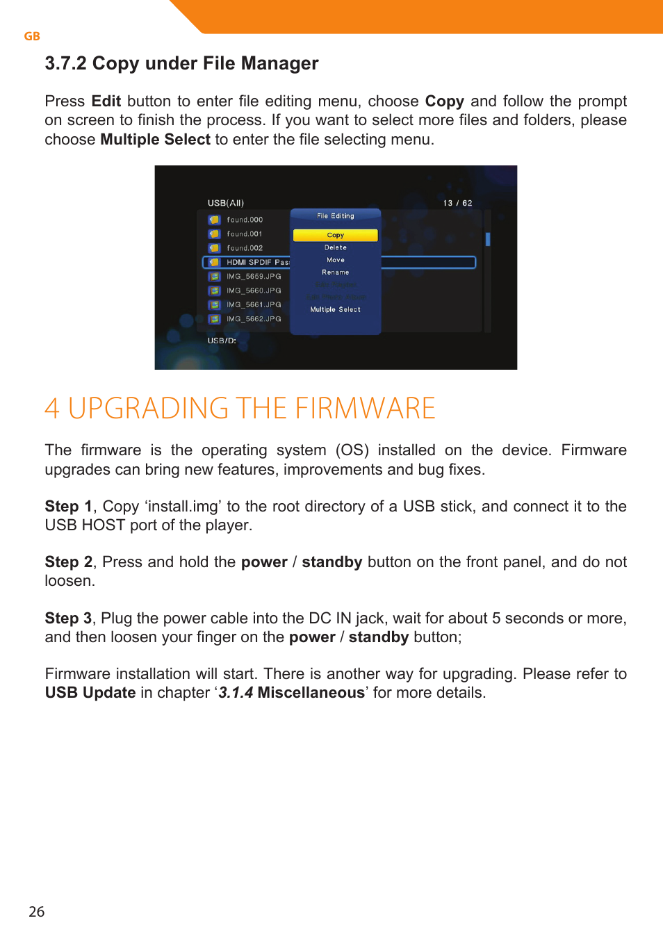 4 upgrading the firmware, 2 copy under file manager | Acme MP01 User Manual | Page 26 / 94