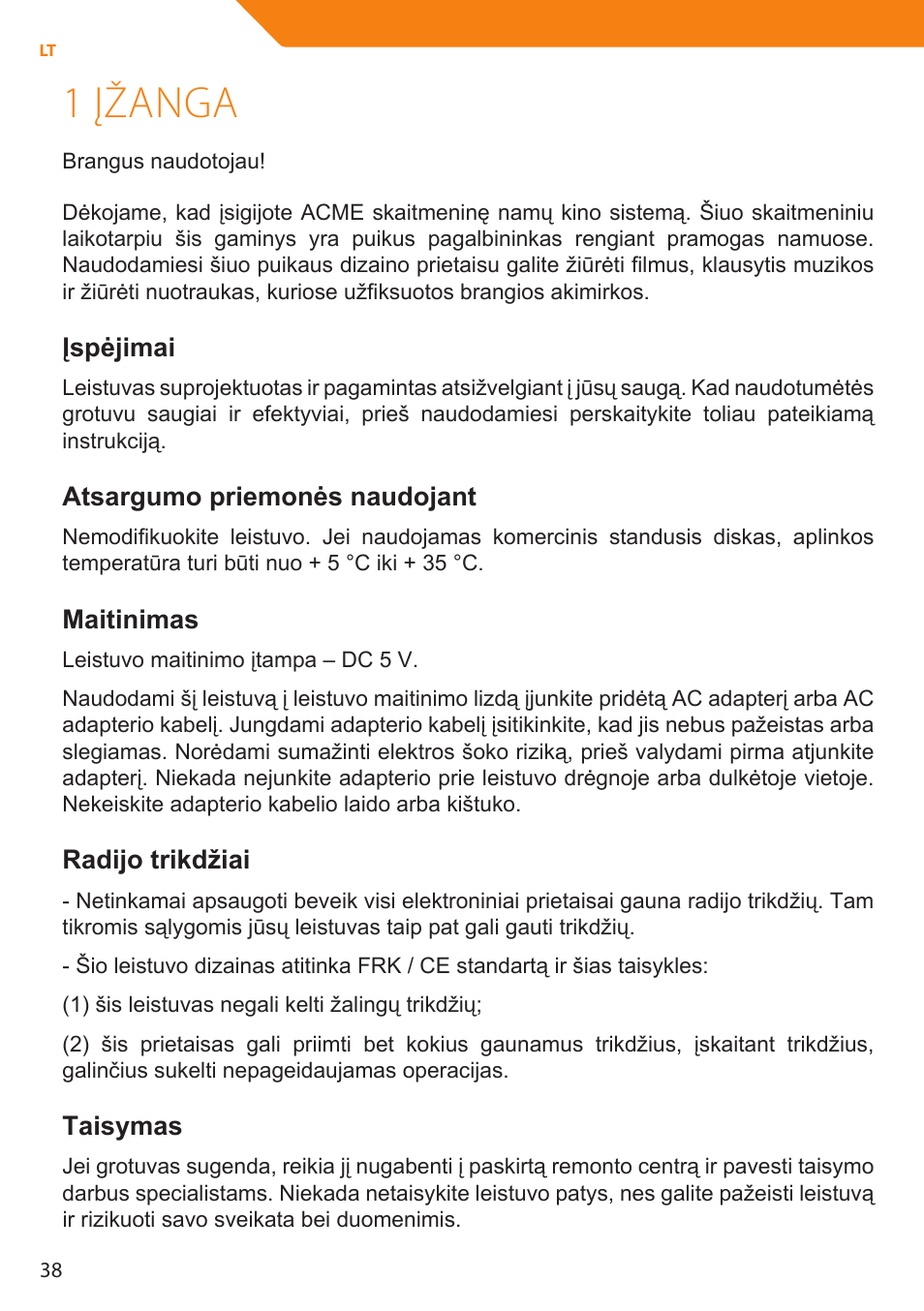 1 įžanga, Įspėjimai, Atsargumo priemonės naudojant | Maitinimas, Radijo trikdžiai, Taisymas | Acme MP01 User Manual | Page 38 / 94