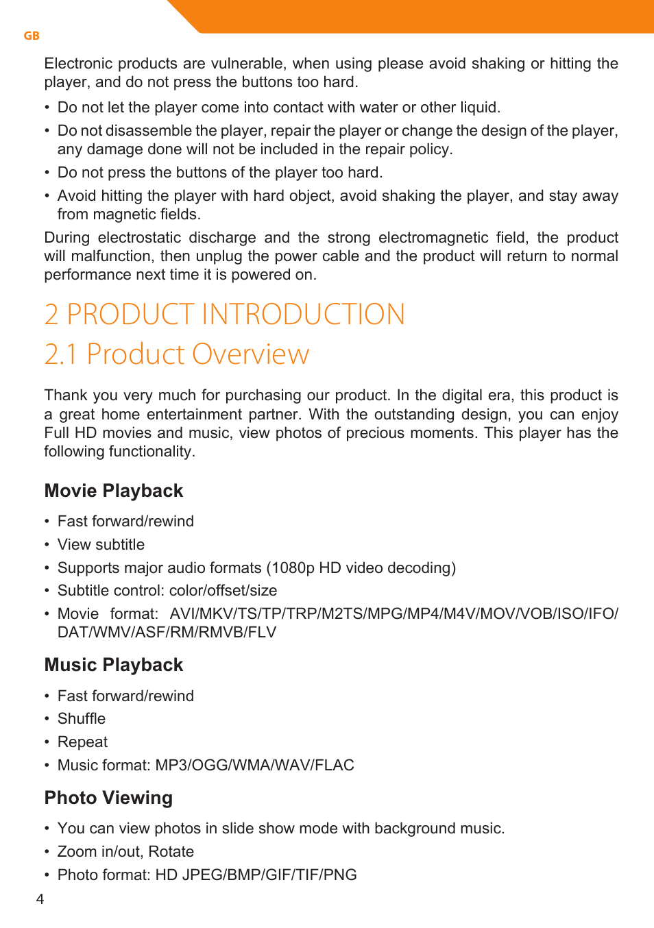 2 product introduction 2.1 product overview, Movie playback, Music playback | Photo viewing | Acme MP01 User Manual | Page 4 / 94