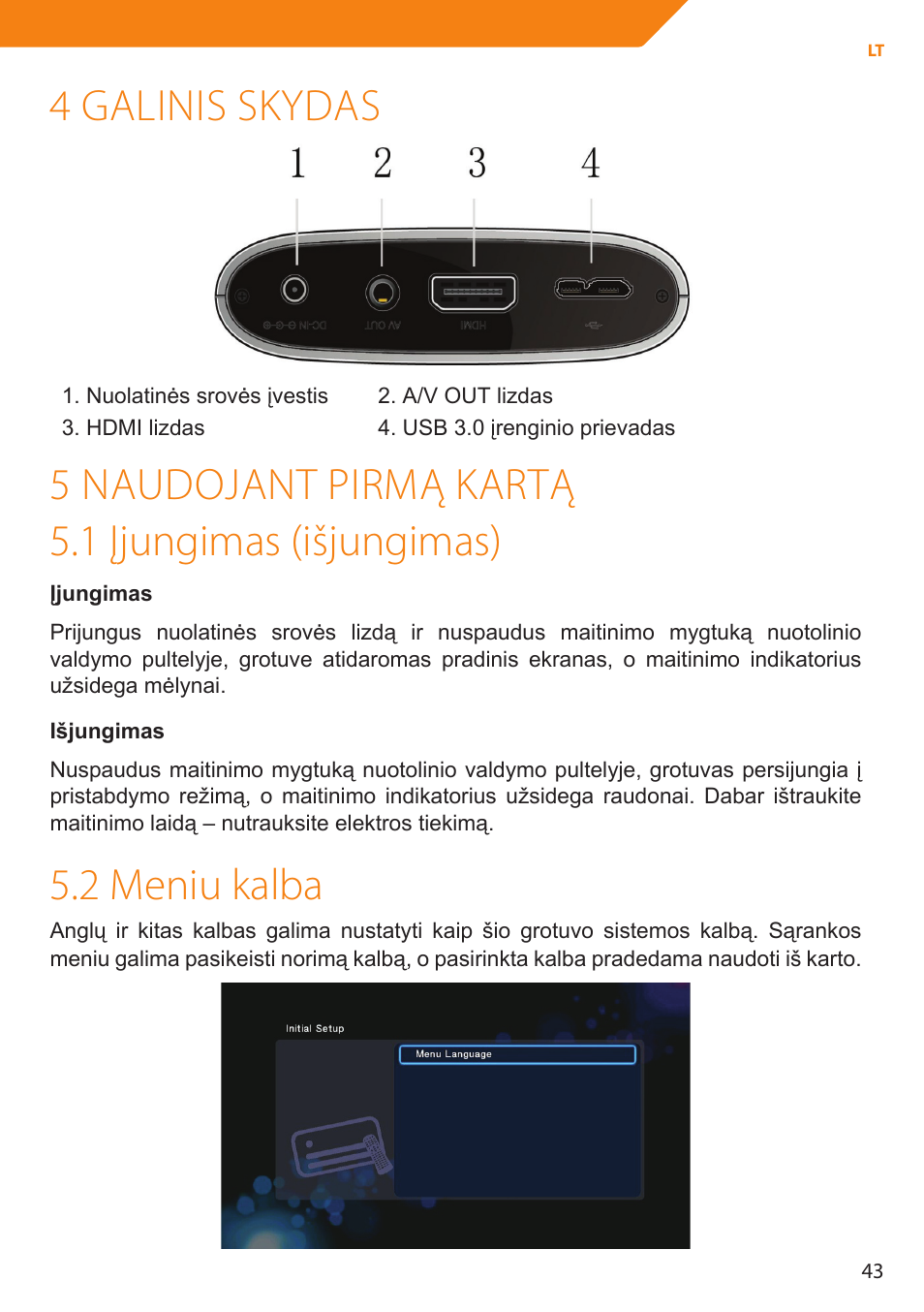 4 galinis skydas, 5 naudojant pirmą kartą 5.1 įjungimas (išjungimas), 2 meniu kalba | Acme MP01 User Manual | Page 43 / 94