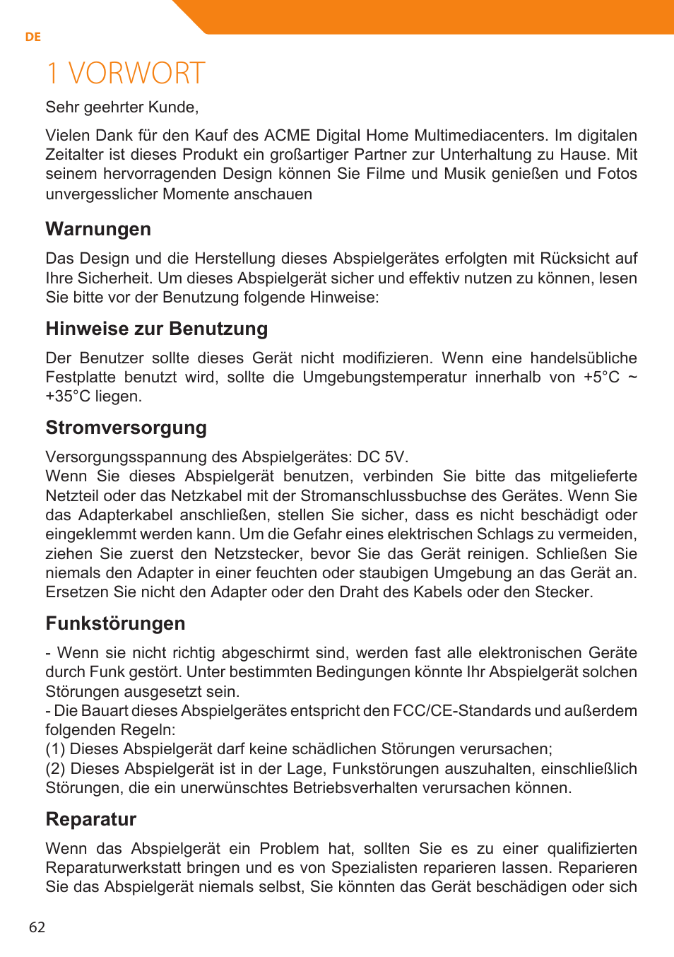 1 vorwort, Warnungen, Hinweise zur benutzung | Stromversorgung, Funkstörungen, Reparatur | Acme MP01 User Manual | Page 62 / 94