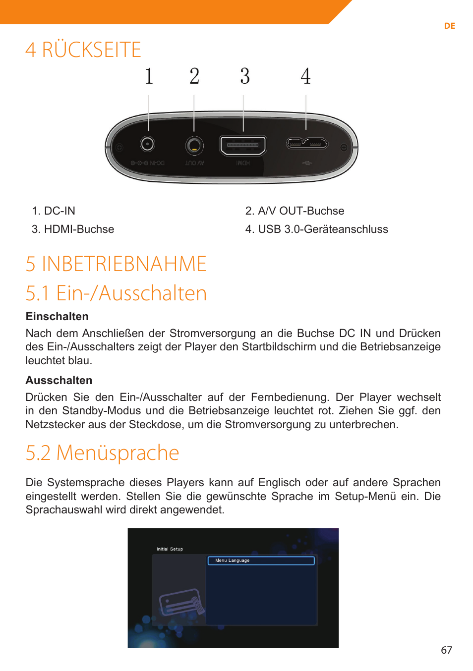 4 rückseite, 5 inbetriebnahme 5.1 ein-/ausschalten, 2 menüsprache | Acme MP01 User Manual | Page 67 / 94