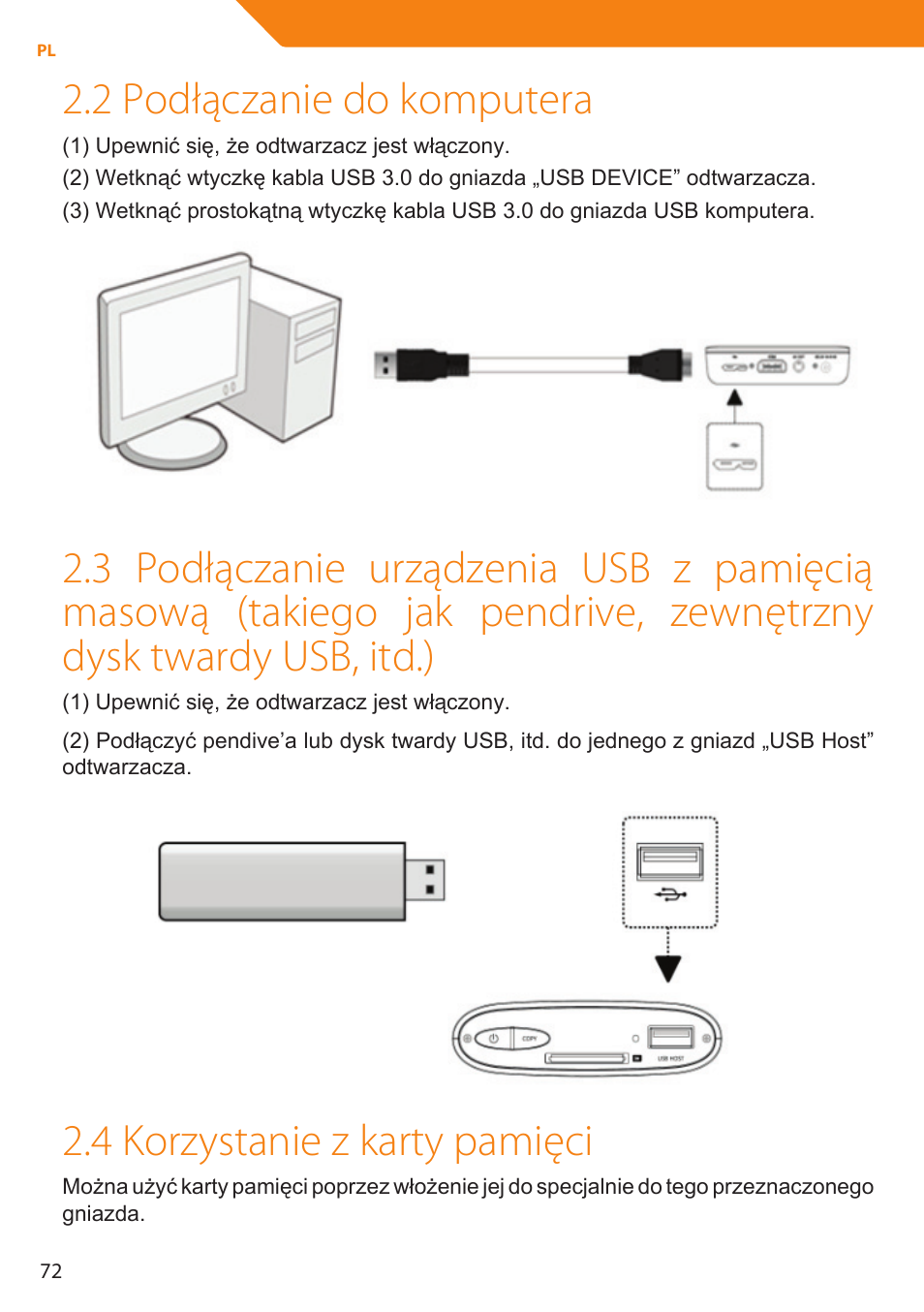 2 podłączanie do komputera, 4 korzystanie z karty pamięci | Acme MP01 User Manual | Page 72 / 94