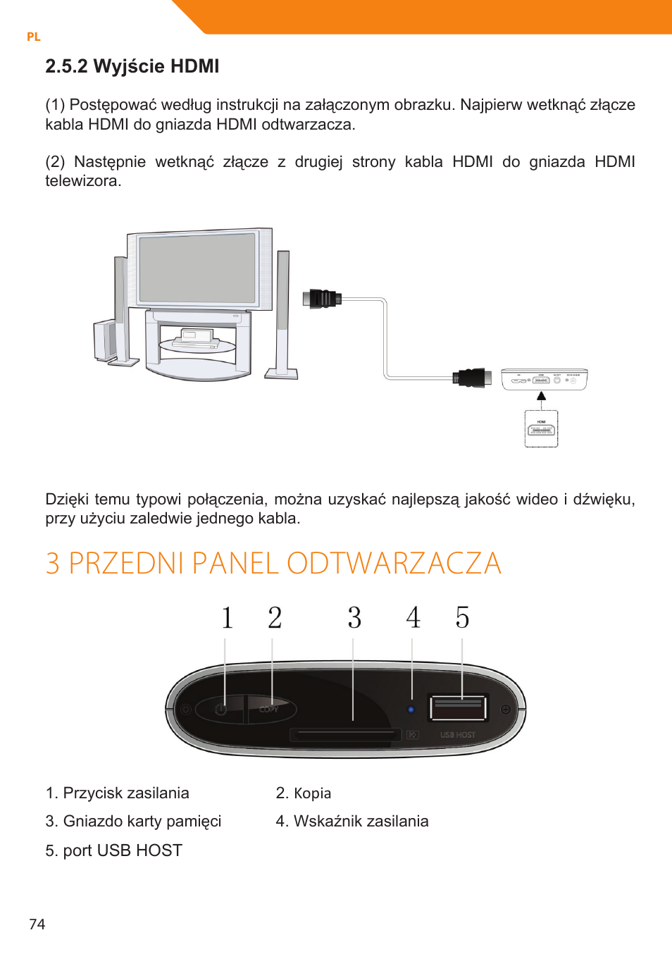 3 przedni panel odtwarzacza, 2 wyjście hdmi | Acme MP01 User Manual | Page 74 / 94